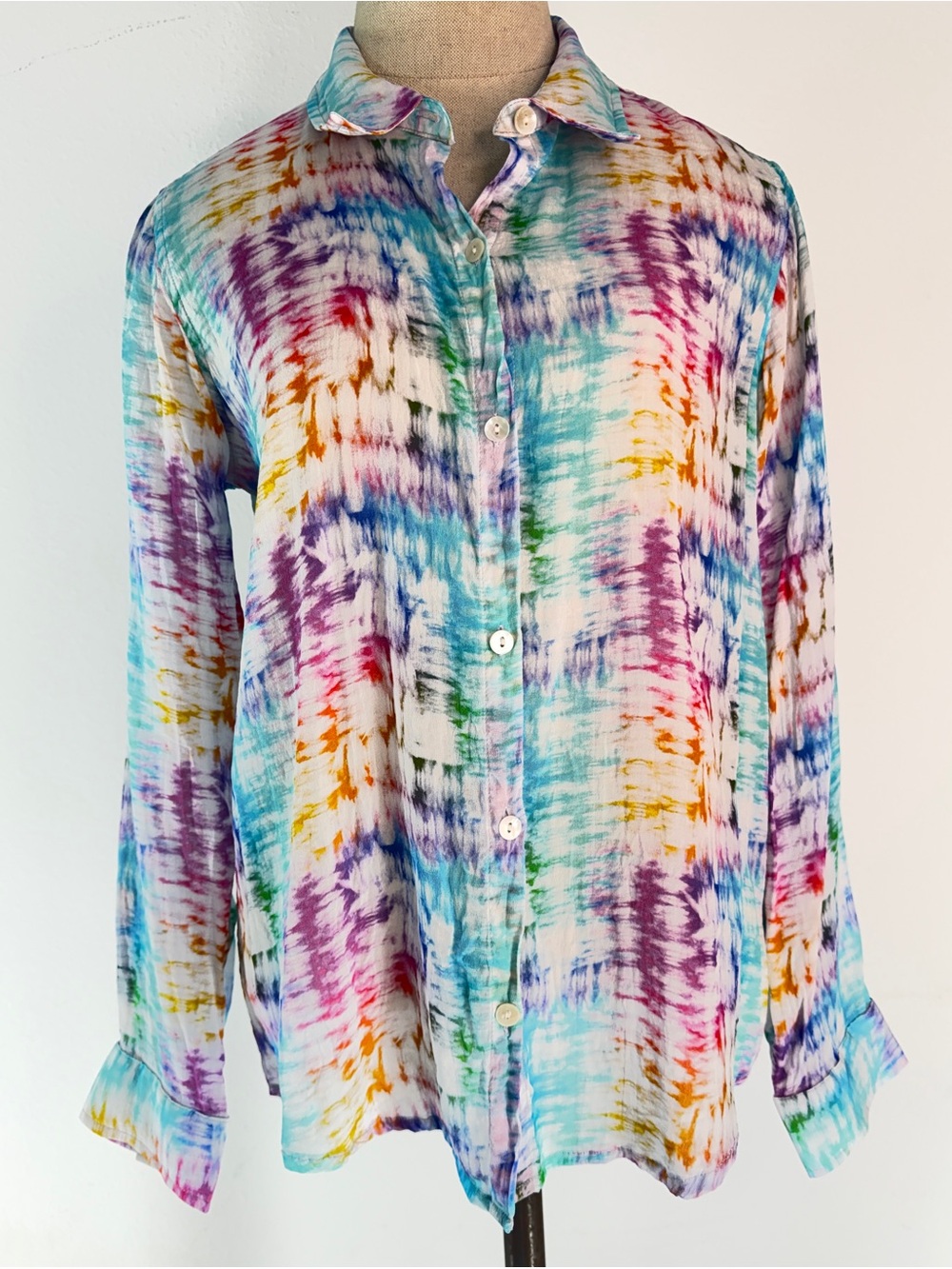 APNY Multicolor Tie Dye Print Shirt Button Front Roll Tab Sleeve Cupro Blend Med